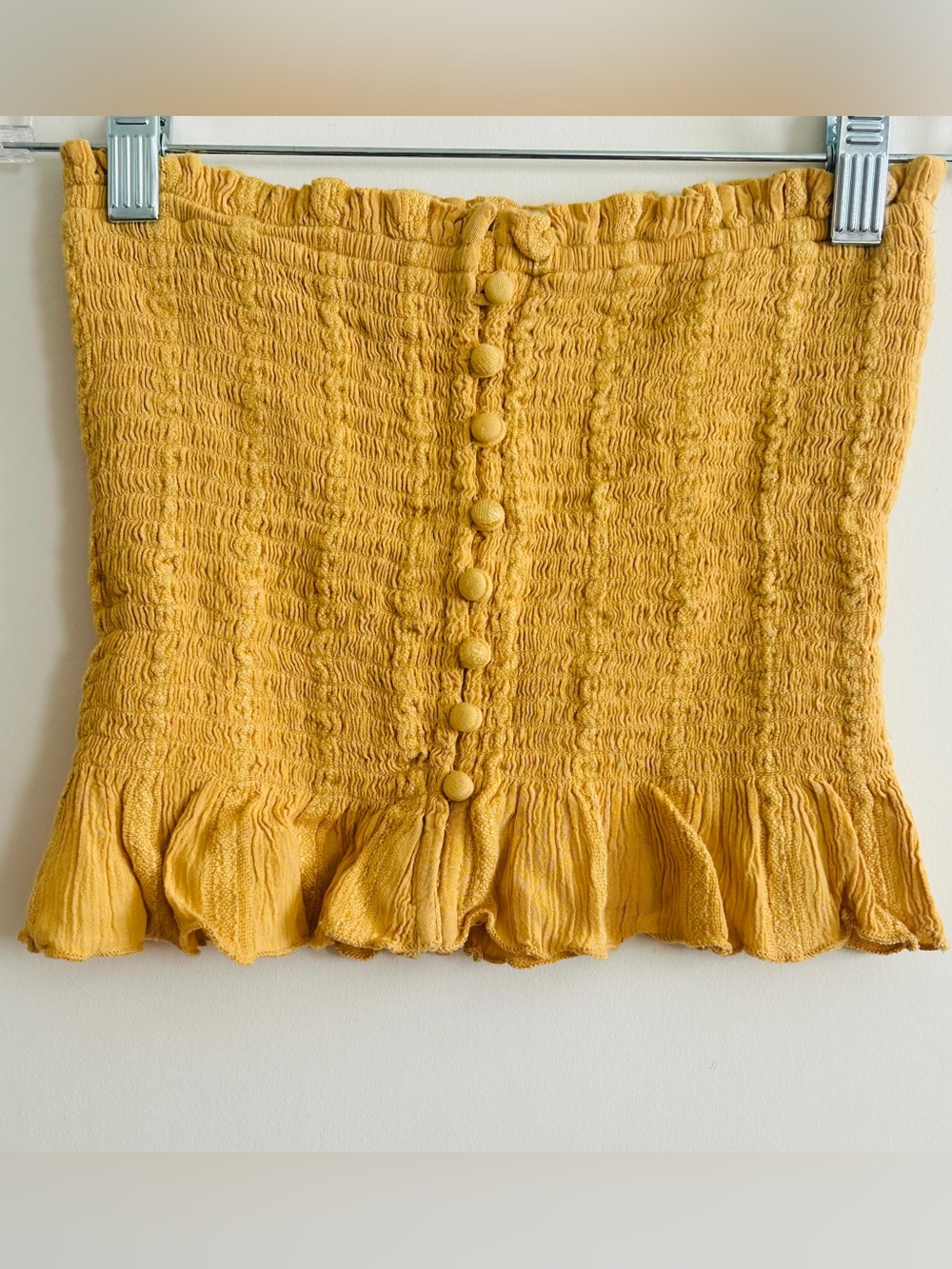 American Eagle Outfitters Mustard Yellow Smocked Crop Top with Button Front